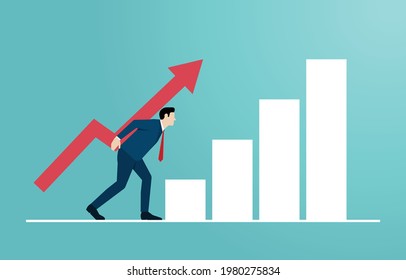 Concept of leadership and career. cartoon character businessman climbing up the ladder with arrows for a symbol of success. achieve goals in business in work. vector illustration flat.
