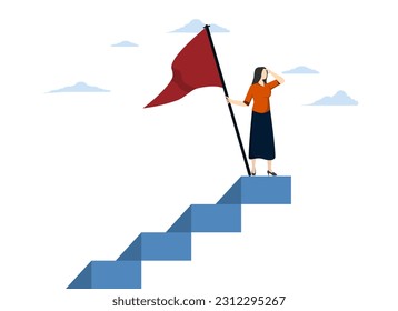 concept of leadership or challenge and achievement woman, successful entrepreneur without fear, successful entrepreneur at top of career ladder holding winner flag looking for future visionary.