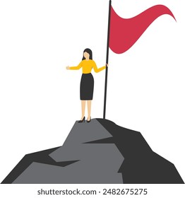 concept of leadership or challenge and achievement woman, successful entrepreneur without fear, successful entrepreneur at top of career ladder holding winner flag looking for future visionary.