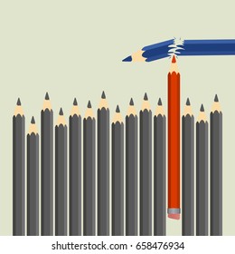 The concept of leadership and competition. A group of pencils win and break a competitor. Vector illustration