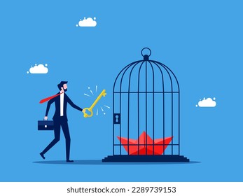 concept of leadership and confinement. Businessman unlocks paper boat in cage