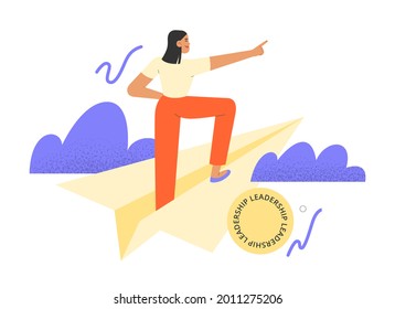 Concept of leadership. Flat vector illustration with business woman standing on a paper airplane. Career success, promotion, goal achievement.