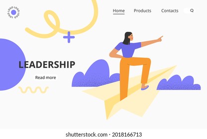 Concept of leadership. Flat vector illustration with business woman standing on a paper airplane. Career success, promotion, goal achievement.