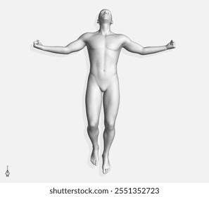 The concept of leadership, freedom or development. Spiritual reincarnation. Man in weightlessness. The act of levitation. The state of enlightenment. Human body formed from stipple dots. 3D vector. 