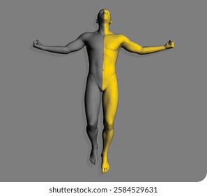 The concept of leadership, freedom or development. Spiritual reincarnation. Levitation. The state of enlightenment. Human body. 3D vector composed of particles and divided by colour into two parts.