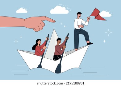 Concept of leadership. Large hand shows people on paper boat direction. Goal setting, planning and strategy development. Motivational poster or banner for website. Cartoon flat vector illustration
