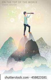 Concept of leadership / man on the top of mountain with telescope in his hands / winner / looking for future, success, trends / vector illustration