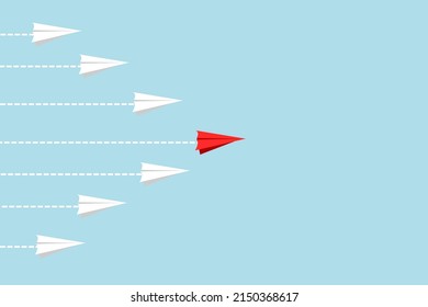 The concept of leadership may have to be different. Red and white paper airplane path on light blue background. 