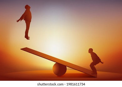 Concept of leadership and rise in the corporate hierarchy, with a man propelled into the air using a springboard.