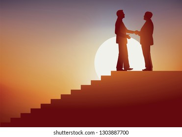 concept of leadership, with a senior businessman who passes on his business to his young successor at the top of a staircase symbolizing hierarchy and social climbing