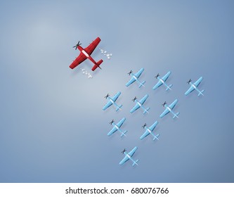 Concept of leadership and team work with red and blue plane flying on  the  sky.The illustrations do the same paper art and craft style