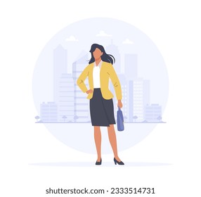 Concept of leadership woman in business. Female character in a suit standing on cityscape background in confident pose. Flat vector illustration