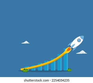 Concept leap growth ,exponential growth , investment, earning rising up graph, business sales or profit increase concept, Sales report graph with an exponential arrow from flying rocket.