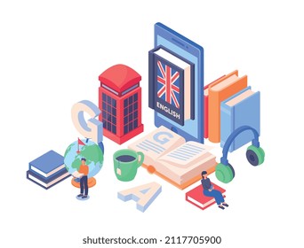 Concept of learning English. Collection of books and textbooks. Teaching materials, consequences of globalization. Modern technologies and online courses. Cartoon volumetric vector illustration