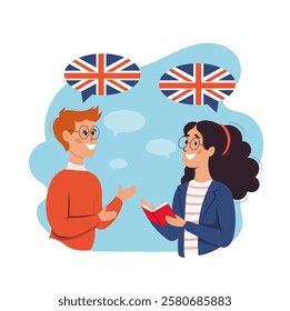 Concept of learning English. English course in language school. Learn foreign languages ​​with native speaker. Global communication idea. Vector illustration in cartoon style