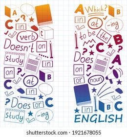 Concepto de aprendizaje del inglés. Diseño plano, patrón vectorial. Cursos de inglés.