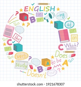 Concepto de aprendizaje del inglés. Diseño plano, patrón vectorial. Cursos de inglés.
