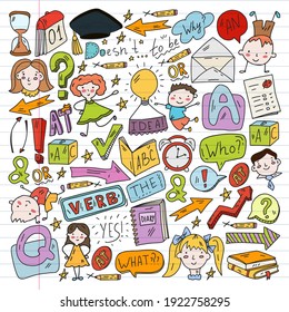 Concepto de aprendizaje del inglés. Diseño plano, patrón vectorial. Cursos de inglés.
