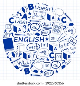 Concepto de aprendizaje del inglés. Diseño plano, patrón vectorial. Cursos de inglés.