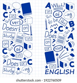 Concepto de aprendizaje del inglés. Diseño plano, patrón vectorial. Cursos de inglés.