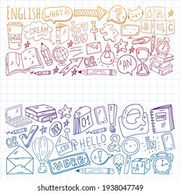 Concepto de aprendizaje del inglés. Diseño plano, patrón vectorial. Cursos de inglés.