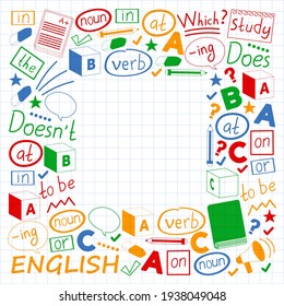 Concepto de aprendizaje del inglés. Diseño plano, patrón vectorial. Cursos de inglés.