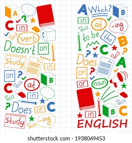 Concepto de aprendizaje del inglés. Diseño plano, patrón vectorial. Cursos de inglés.