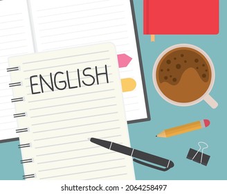 concept of learning english language, flat lay composition - vector illustration