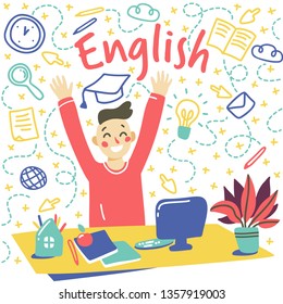 Concept of learning English language. Happy boy sits by the table and waving their hands. Isolated vector on white background, hand drawn doodle style