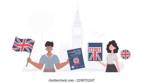The concept of learning English. English language team. Trendy flat style. Vector.