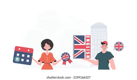 The concept of learning English. English language team. Trendy cartoon style. Vector illustration.