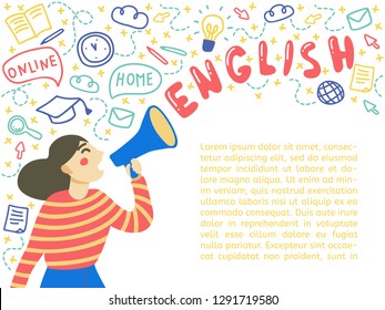 Concept Of Learning English Language. Young Woman Announces A Megaphone. Space For Text. Isolated Vector On White Background, Hand  Drawn Doodle Style