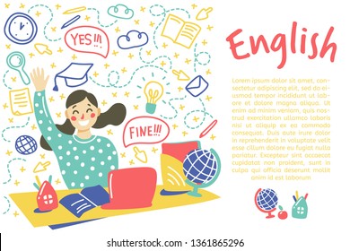 Concept of learning English language. Young woman sits by the table and waving their hands. Isolated vector on white background, hand drawn doodle style. Space for text