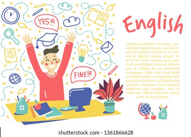 Concept of learning English language. young man sits by the table and waving their hands. Isolated vector on white background, hand drawn doodle style. Space for text