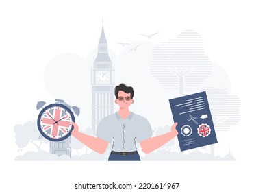 The concept of learning English. Male teacher shows that it's time to learn English. Flat modern style. Illustration in vector.
