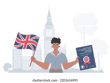 The concept of learning English. Male teacher shows that it's time to learn English. Trendy flat style. Illustration in vector.