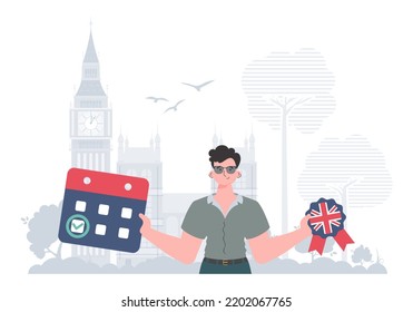 The concept of learning English. Male teacher shows that it's time to learn English. Flat modern style. Vector illustration.