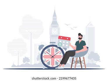 The concept of learning English. A man, a calendar with a marked date and a clock. Trendy flat style. Vector.