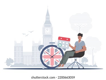 The concept of learning English. A man, a calendar with a marked date and a clock. Flat modern style. Vector.
