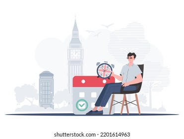 The concept of learning English. A man, a calendar with a marked date and a clock. trendy style. Vector.