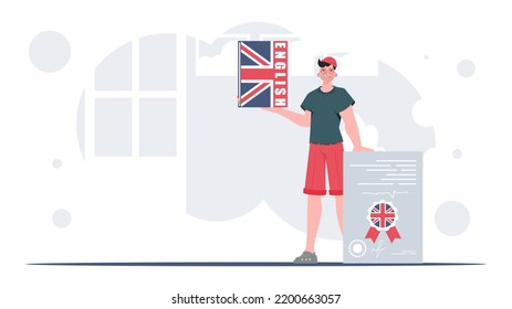 The concept of learning English. A man holds an English dictionary and a certificate in his hands. Flat modern style. Vector illustration.