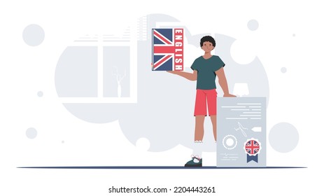 The concept of learning English. A man holds an English dictionary and a certificate in his hands. Flat modern style. Vector.