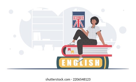 The concept of learning English. A man sits on books and holds an English dictionary in his hands. trendy style. Vector.