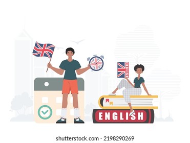 The concept of learning English. Man and woman English teacher. Flat modern style. Illustration in vector.