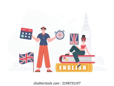 The concept of learning English. Man and woman English teacher. Trendy cartoon style. Vector illustration.