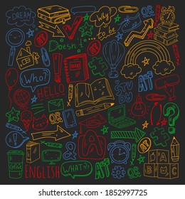Concept of learning English. Online language courses. E-learning. Pattern with vector icons.