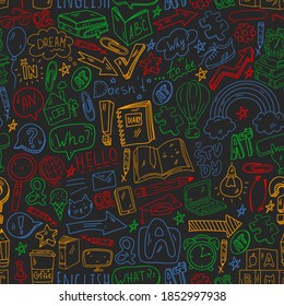 Concept of learning English. Online language courses. E-learning. Pattern with vector icons.