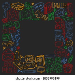 Concept of learning English. Online language courses. E-learning. Pattern with vector icons.