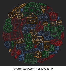 Concept of learning English. Online language courses. E-learning. Pattern with vector icons.
