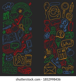 Concept of learning English. Online language courses. E-learning. Pattern with vector icons.